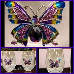 Rachel Zoe Jeweled Purple Butterfly Stemless Wine Sangria Cocktail Glass Set NEW